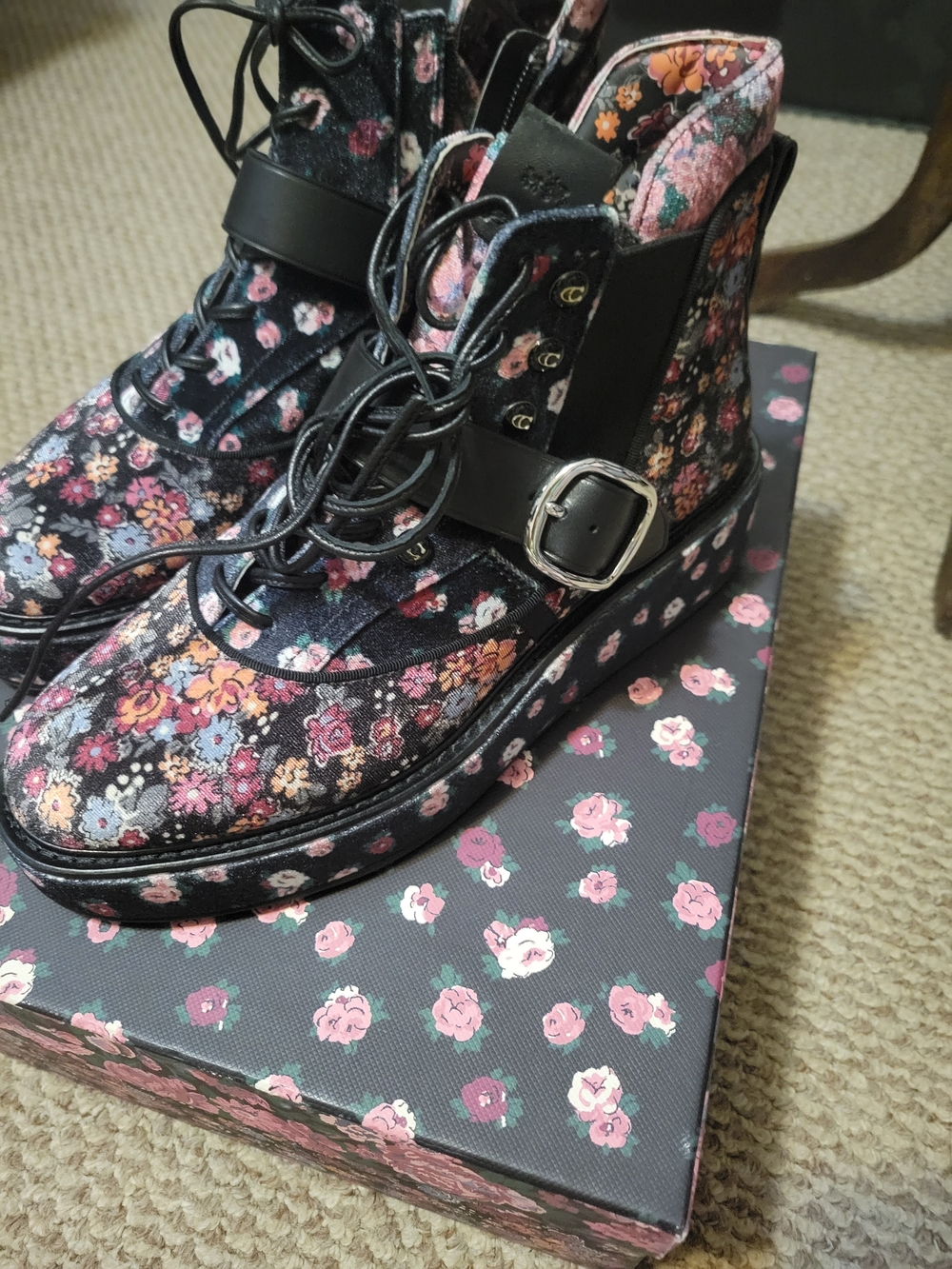 Coach Floral Lace-Up Ankle Boots in Black with Pink & Multicolor Floral Print - Picture 2 of 9
